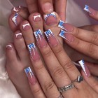 48pcs-coffin White French Blue Floral Dot Nude Summer Hand Toe Set Press On Nail