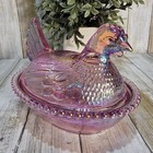 Pink Iridescent Carnival Glass Hen On Nest Candy Dish Beaded Rim 7 5 Inch