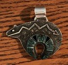 Navajo Sterling Silver   Spiderwebbed Turquoise Bear Pendant Necklace