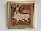 70s Zodiac Aries Ram Wool Needlepoint Embroidery 13 3 4  Square W  Gold Frame