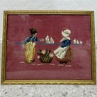 Vintage 10x13 Framed Hand Embroidered Dutch Couple Flowers Picture Needlepoint