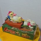 Vintage Mechanical Celluloid Tin Easter Bunny Duck Sleigh Bell Pull Toy W Box 
