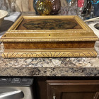 Antique Carved Jewelry Box Floral Painted Lid
