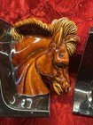 Vintage Ceramic Horse Head Bookends Set Of 3 Black And Brown 5 3 4    T