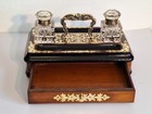 Antique Walnut Ink Stand  desk Tidy With Cut Glass   Brass Ink Wells