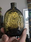 Half Pint Yellow Olive Green Open Pontil Cornucopia Urn Flask Bottle