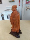 Vintage Oriental Carved Wood Chinese Wise Man With Fan Sculpture Statue 