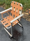 Vintage Mid Century Child s Folding Aluminum Lawn Chair Orange Webbed Patio Seat
