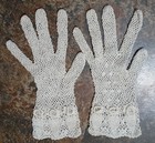 Antique Victorian Glove Tatted Lace Crochet Cuffed Mesh Lace Ivory Small