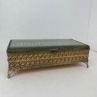 Vintage Ormolu Casket Box Gold Chest Footed Beveled Glass Regency Divided Velvet