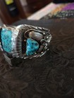 Native American Handmade Sterling Silver Turquoise Floral Leaf Cuff Bracelet