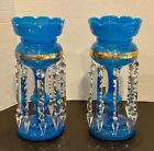 Mantle Lusters - Pair French Opaline Glass Epergnes W pendalogues
