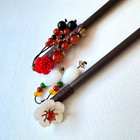 Vintage Chinese Wooden Hair Sticks Set Floral Beads   Red Rose  white Flower