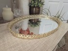 Vintage Gold Tone Filigree Oval Mirrored Vanity Tray Ornate Dresser Decor 16 5 