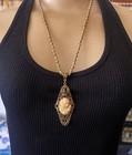 Victorian Revival Necklace Goddess Cameo Crowned Filigree Pendant Tinted Pearls