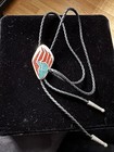 Vintage Native Turbos And Coral Bolo Cowboy Western Tie Silver Tone Black Cord