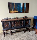 Antique Jacobean Spanish Revival Carved Oak Buffet Sideboard Server Credenza