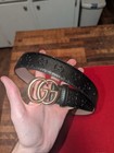 Gucci Black Gg Embossed Leather Belt Double G Gold Buckle Men 110cm
