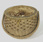 Vtg Round Woven Wicker Sewing Basket Handle Floral Tapestry Japan Cottage Granny