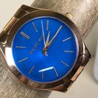 Michael Kors Slim Runway Women Mk-3494 Blue Dial Gold Tone Quartz Watch 6 1 4 
