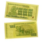 Zimbabwe Five Octillion Dollars Gold Foil Plastic Banknotes 1000pcs box Souvenir