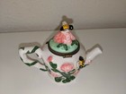 Vintage Teapot Jewelry Trinket Box Hinged Enamel Hand Painted Bee Flowers Kitsch