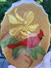 Vintage 70s Red Cardinal Wall Hanging Wood Slice Plaque Mid Century Home Decor 