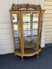 66656   Antique Victorian  Bow Glass Curio Cabinet With Angel Cherub Backsplash