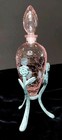Vintage Pink Crackled Glass Decorative  Perfume Empty Bottle W metal Stand Rare