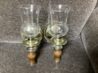 Vintage   2  Brass Wall Sconces Hurricane Glass Shades Wood Accent Candle Holder