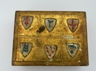 Vintage Tiny Wood Jewelry  Trinket Box Embossed Design Gold With 6 Crests Design