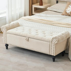 51 Inch Storage Bench Beige Chenille Upholstered Tufted Ottoman Bedroom Entryway