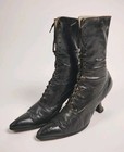 Antique Victorian Edwardian Black Leather Lace-up Boots     Pointed Toe Louis Heel
