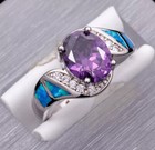 Dazzling Unique Amethyst Blue Fire Opal Cz Necklace  Stud Earrings  Ring 7 Set