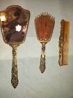 Vintage 3 Piece Dresser Vanity Set Mirror Brush Comb Floral Design Gold Tone