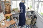 1960s Navy Embroidered Shift Dress -decorative Sleeves   Neckline  Size Large
