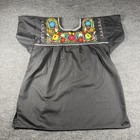 Authentic Mexican Hand Embroidered Blouse Black Cotton Floral Puebla Boho Top