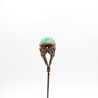 Antique Green Mottled Glass Dome And Brass Hatpin Hat Pin
