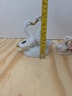 Vintage Porcelain Swan Figurines Gold Trim Pink Rose Bow Pair White Birds Decor