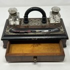 Antique 19th Century Wood Victorian Desk Stand Caddy Glass Ink Wells Pen Flaws