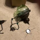 Rare Nos Vintage antique Hanging Candle Lamp Ornate    Brass   Green Glass Lantern