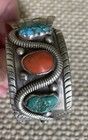 Vintage Men   s Navajo Watch Cuff   Sterling Silver Turquoise Coral Snake Design