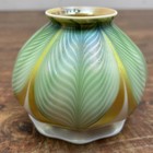 Quezal Lamp Shade Art Glass Opal Green Pulled Feathers With Gold C-1900