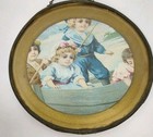 Vintage Flue Stove Pipe Cover Metal Glass Children Boat Foil Picture With Chain 