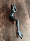 Vintage 10    Cast Iron Mermaid Shelf Sitter Holding Hair Figurine Black Nautical