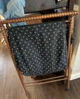 Antique Folding Sewing Stand Spool Turned Wood Calico Fabric Basket Caddy