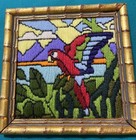 Set Of 3 Vtg Crewel Tropical Scenes birds macaw cockatiel toucan framed 6x6 Each