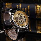 Classic Men s Gold Dial Skeleton Black Leather Mechanical Sport Army Wrist Watch