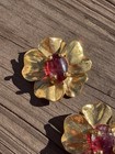 Goossens Paris Poured Glass Flower Clip Earrings Red Cabochon Gold Tone Signed