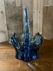 Vintage Fenton Cobalt Blue Vulcan Pattern Glass Basket With Twisted Handle